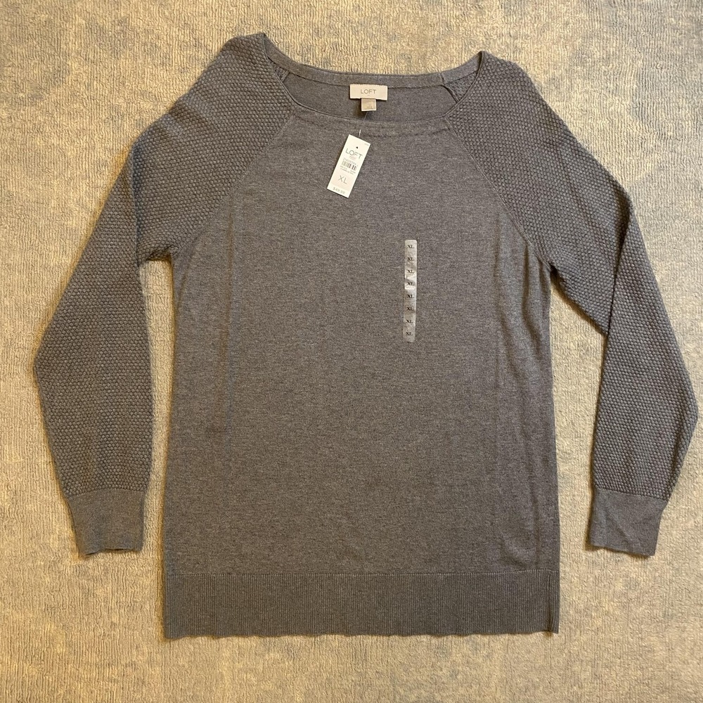 LOFT Sweater Womens XL Gray Boat Neck Textured Raglan Lightweight Knit Pullover
